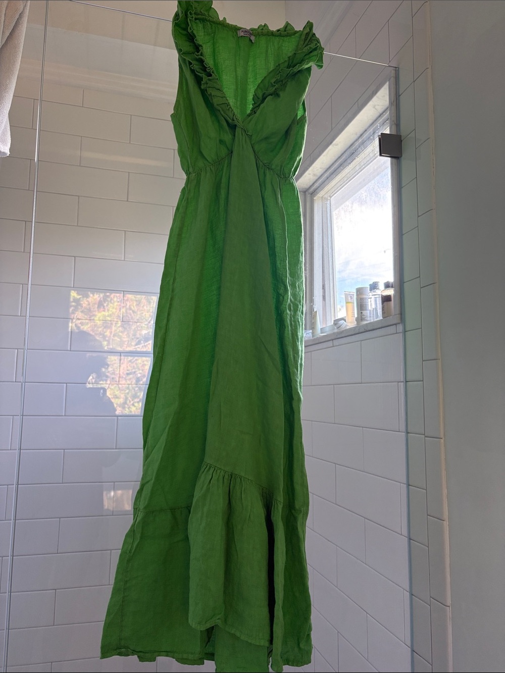 Puro Lino green flowing Maxi dress with Elastic Waist